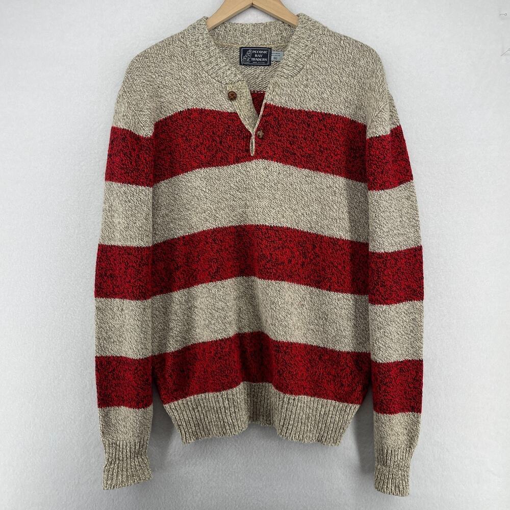PECONIC BAY TRADERS Sweater Mens XL Rugby Striped Henley Wool Blend USA VTG